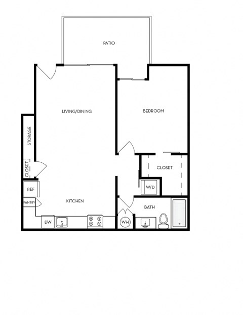 Floor plan for 1 bed, 1 bath, 670 sqft